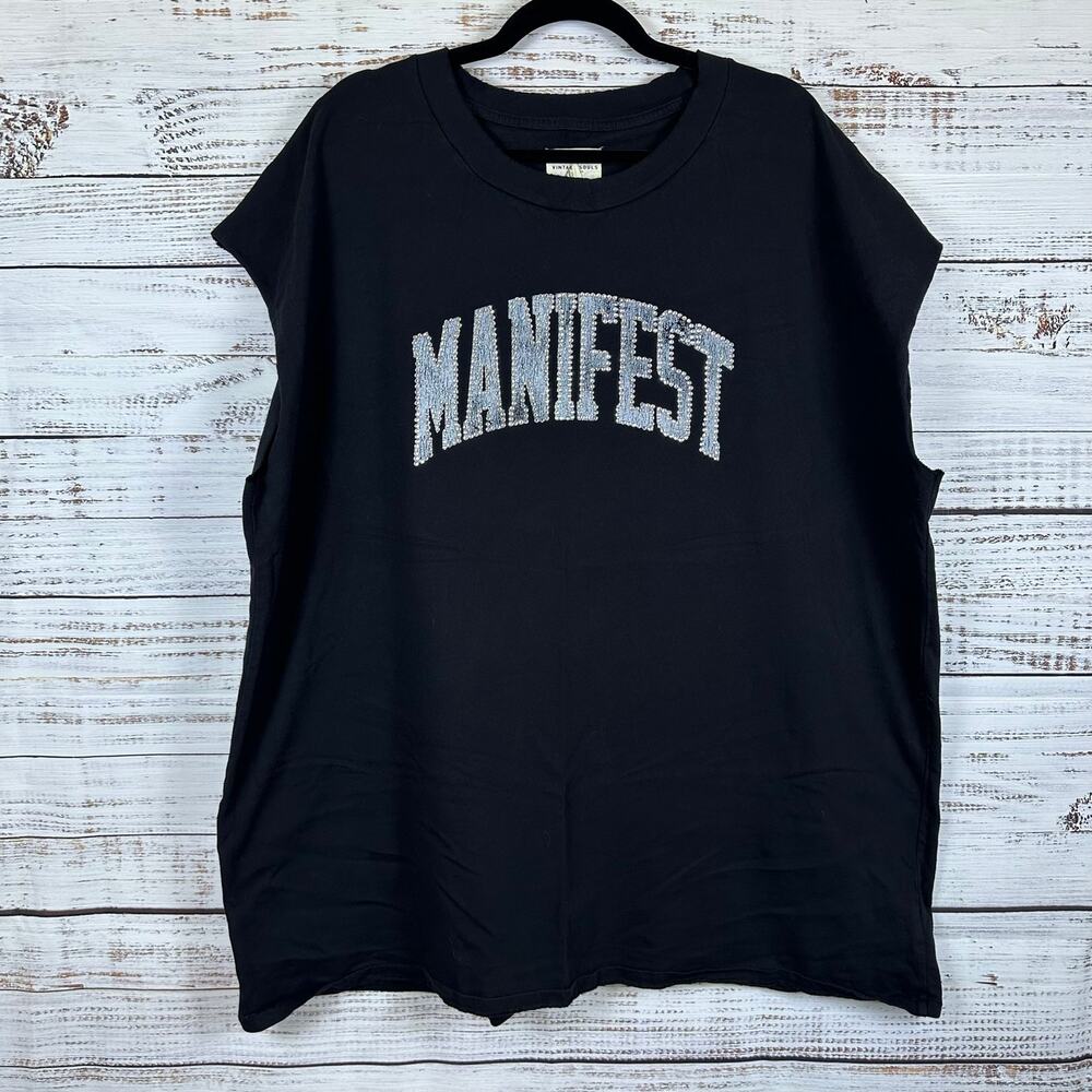 Free People Vintage Souls MANIFEST Rhinestone Oversized Muscle Shirt Womens XL